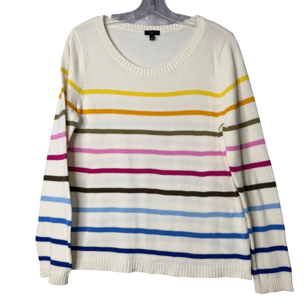 Talbots Metallic Stripe Sweater‎ Womens L Petite Rainbow Scoop Neck Preppy Knit